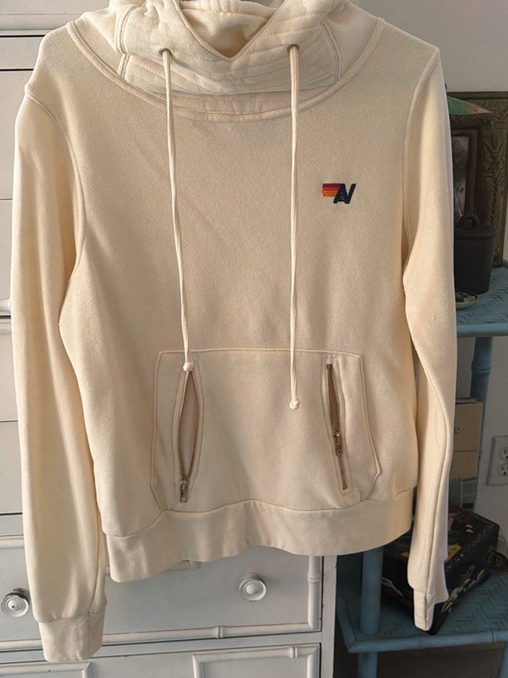 Aviator Nation Cream Hooded Pullover with Rainbow 'A' Logo